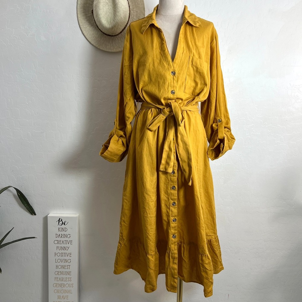 Ashley Stewart 18 20 mustard yellow shirt ruffle dress pocket belted work casual